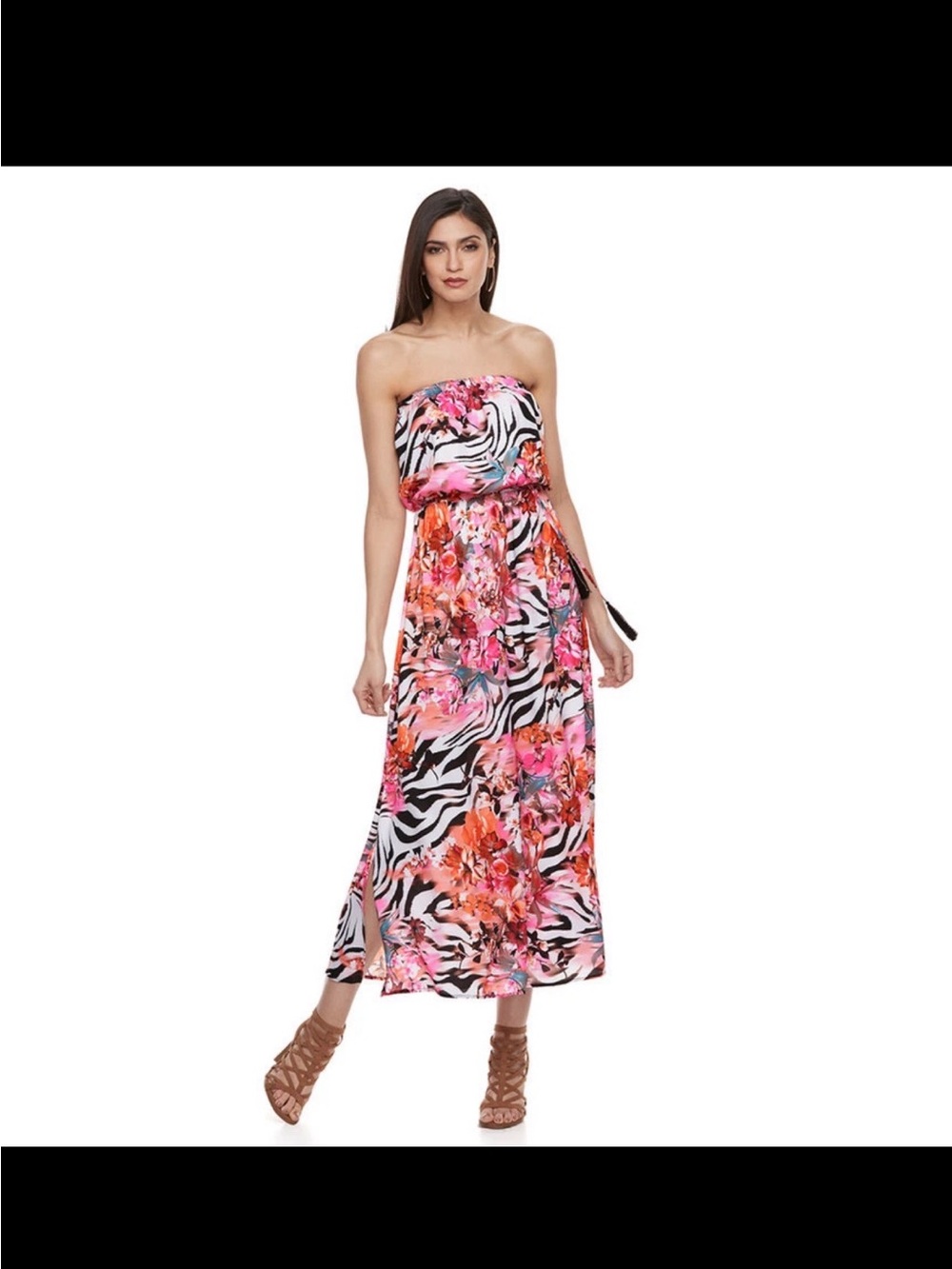Jennifer Lopez Strapless Floral Zebra Print Maxi Dress in Pink and Black